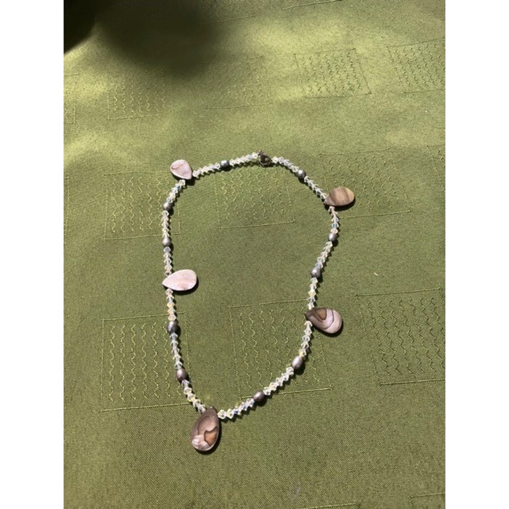 Handmade Crystal Pearl and Teardrop Shell Charm Beaded Necklace Grey Brown